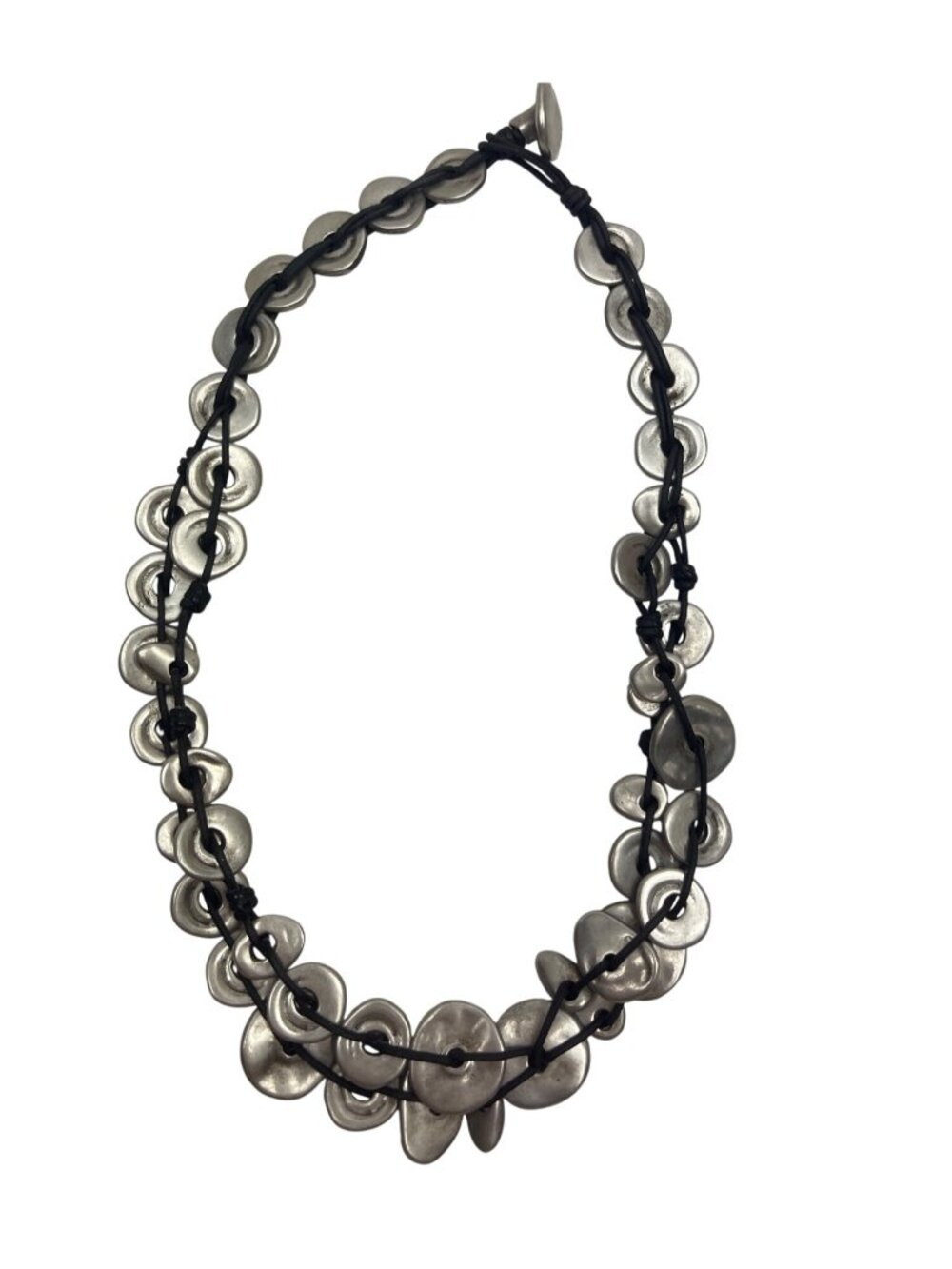 Uno De 50 Button Closure Necklace With Layered Silver-Tone Discs And Black Cord